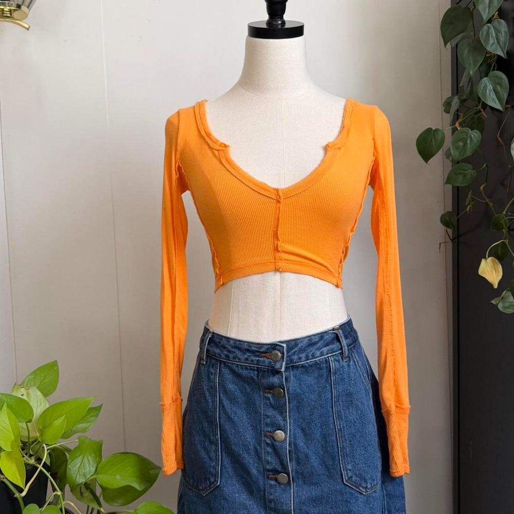 Free People Tangerine Orange Ribbed Long Sleeve Scoop Neck Crop Top XS